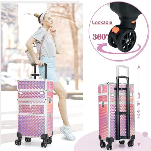 Professional Rolling Makeup Train Case with 360° Swivel Wheels, Large Storage Traveling Cart Trunk Y9925