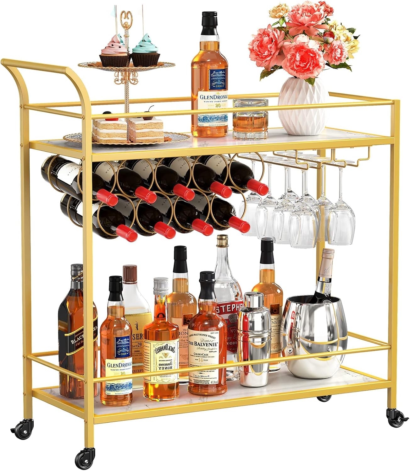 Lifewit Bar Cart, 2 Tier Drink Cart with 9 Wine Bottle Racks D9940