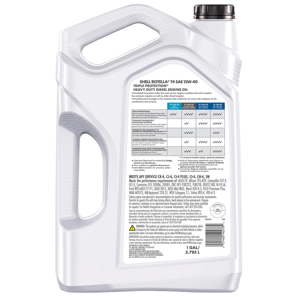 Shell Rotella T4 Triple Protection 15W-40 Diesel Motor Oil 1 Gallon 3 Pack P776