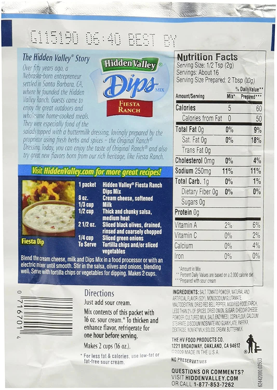 Hidden Valley Dips Mix Fiesta Ranch 1.1 oz Pack of 6 M444002