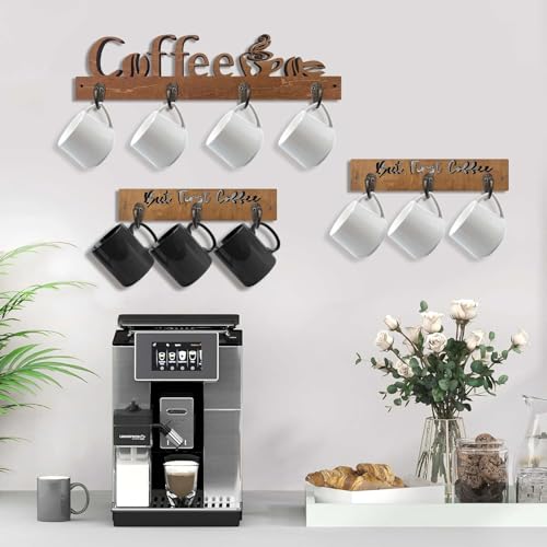 3 Pack Coffee Mug Shelf Wall Mounted with 10 Hooks, Wooden Kitchen Decor F926844
