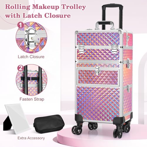 Professional Rolling Makeup Train Case with 360° Swivel Wheels, Large Storage Traveling Cart Trunk Y9925