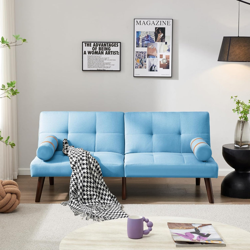 Linen Futon Sofa Bed Convertible Sleeper with Solid Wood Legs Blue N1687