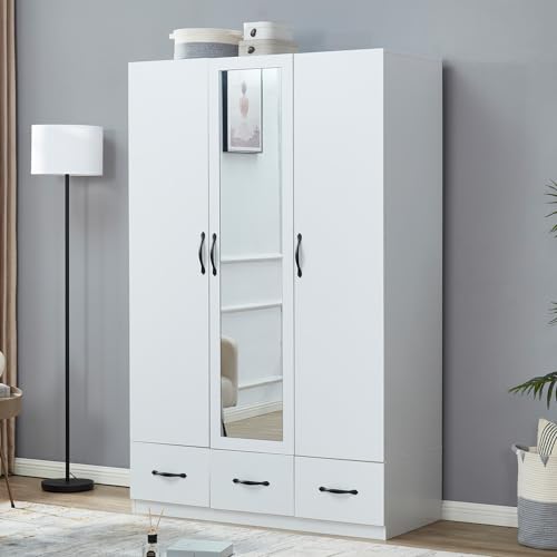 Rattan Armoire Wardrobe Closet Wood 71" Tall with 3 Doors 4 Drawers Mirror Hanging Rod and Shelves Large Clothes Storage Cabinet for Bedroom Pantry 47.2" W x 18.9" D x 70.8" H
