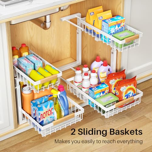 Under Sink Organizer 2 Pack, 2 Tier Metal Slide Out Shelf for Kitchen Bathroom Z6321