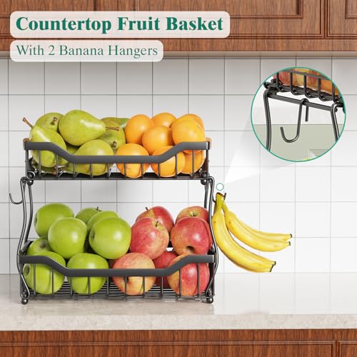 3 Tier Countertop Fruit Basket for Kitchen with Banana Hangers, Black V979701