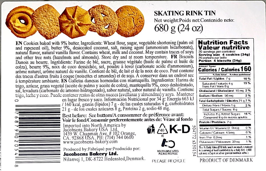 Jacobsens Danish Butter Cookies Skating Rink Gift Tin 24 Oz. with Stainless Steel Tongs F94366