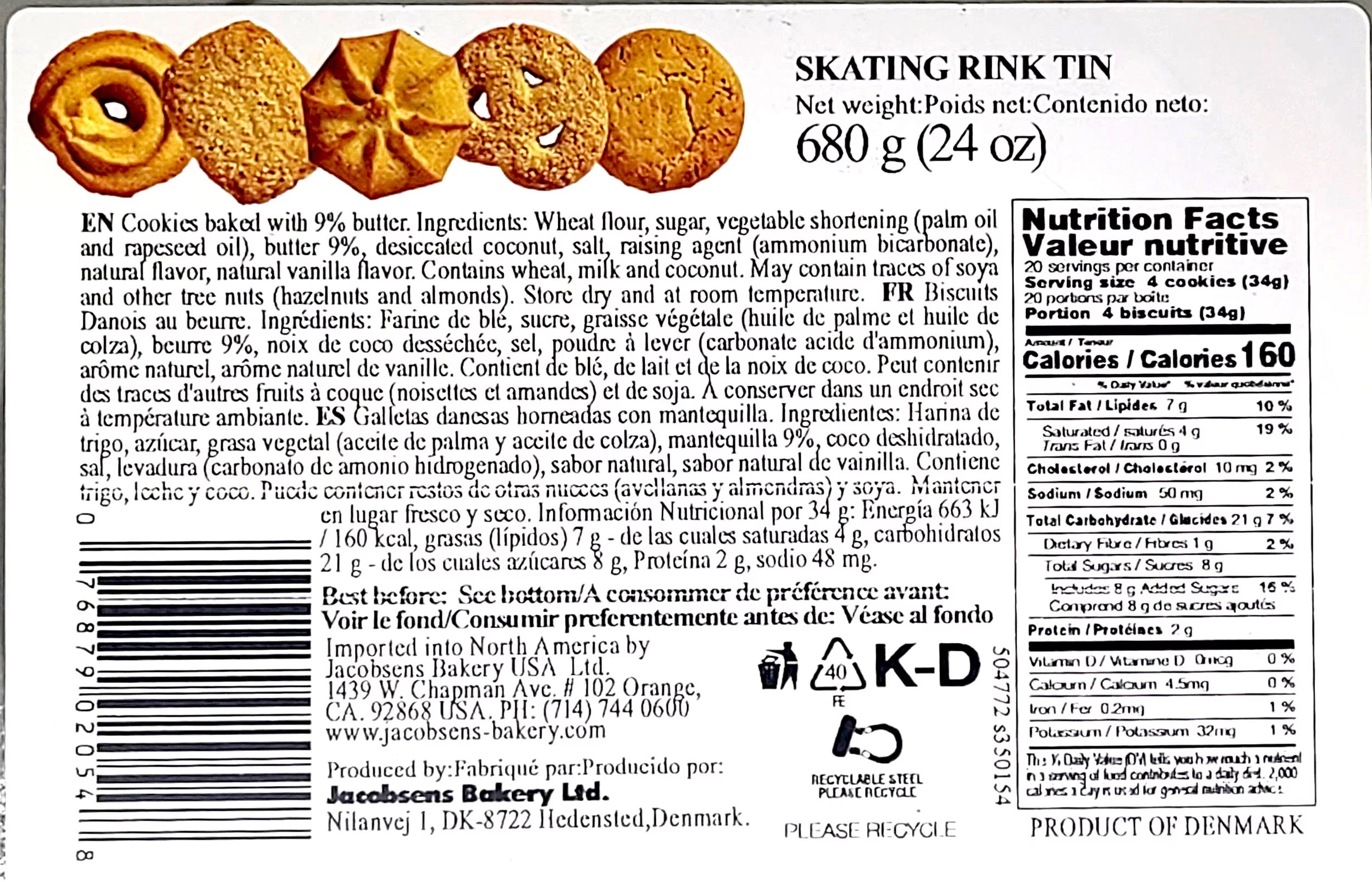 Jacobsens Danish Butter Cookies Skating Rink Gift Tin 24 Oz. with Stainless Steel Tongs F94366