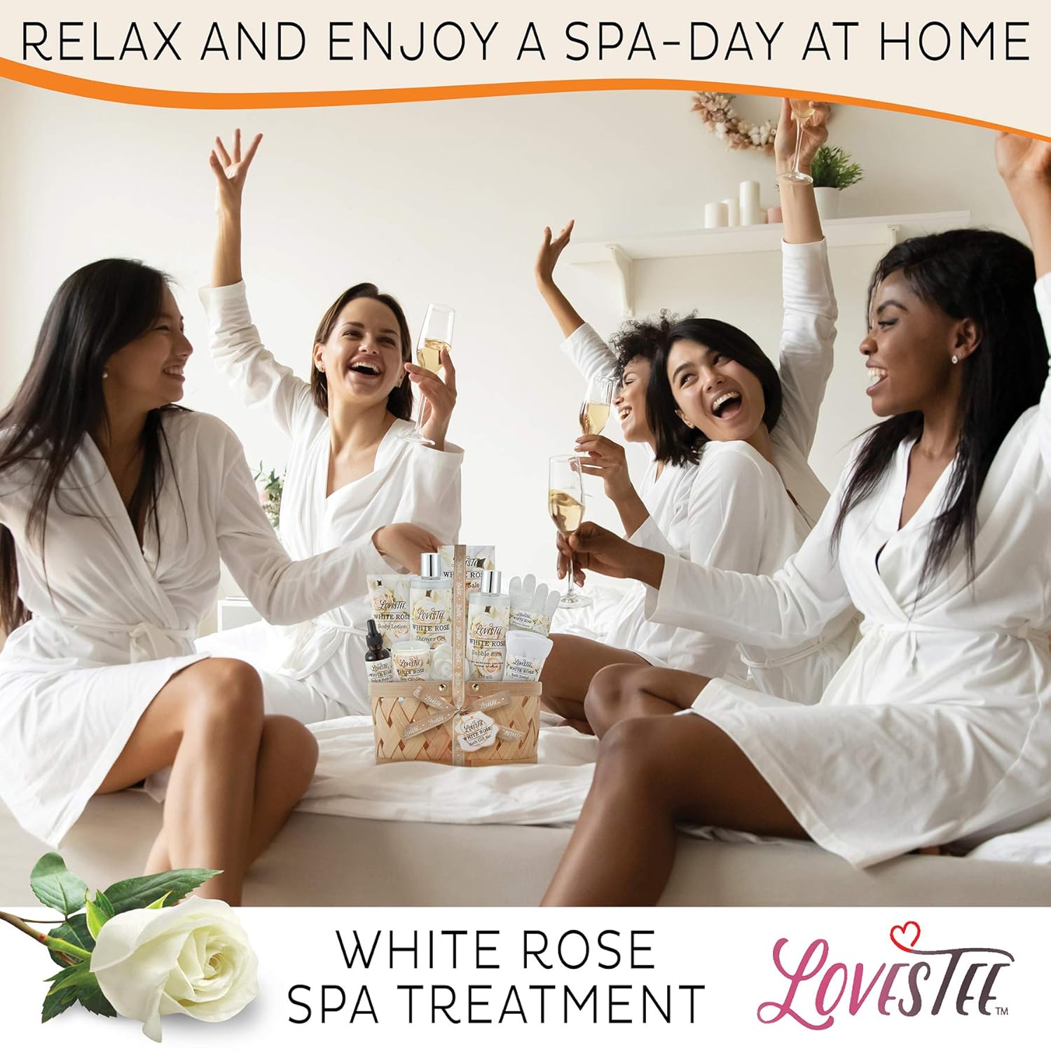 White Rose Spa Gift Basket for Women, Body Lotion, Shower Gel & Candle O463