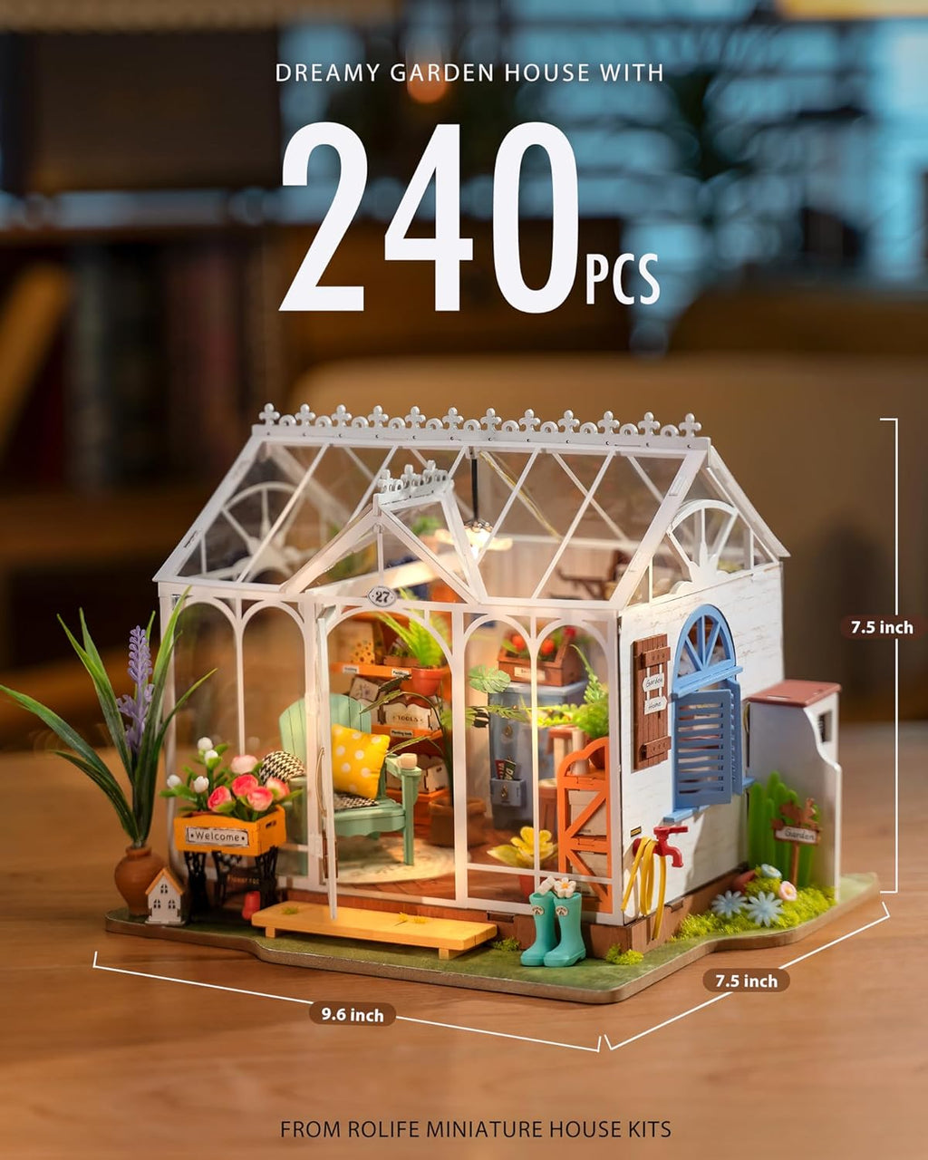 Rolife DIY Miniature Dollhouse Kit, Greenhouse Diorama with LED, Dreamy Garden S136