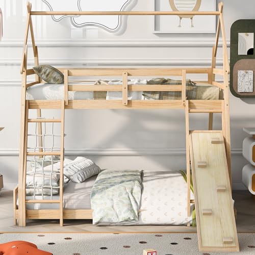 Twin House Loft Bed with Storage Shelves, Guardrails and Ladder, Gray Z602097