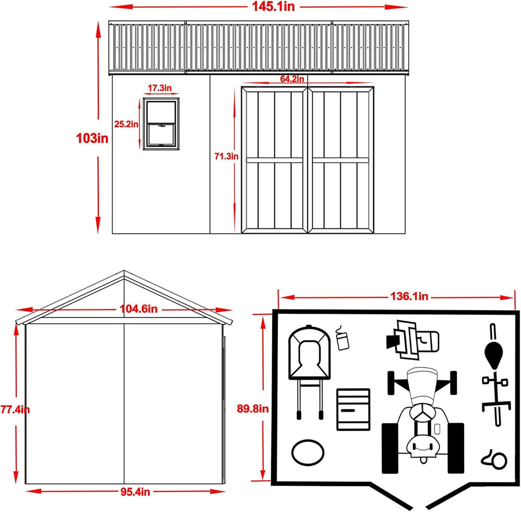 MUPATER 12 ft x 9 ft Outdoor Wood Shed with Metal Roof, Lockable Door M973