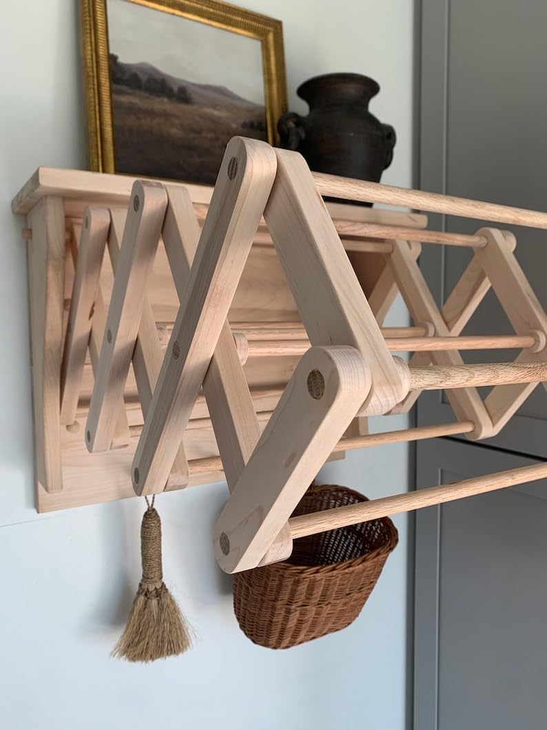 Collapsible Wooden Wall Mounted Drying Rack with Peg Hooks G8726
