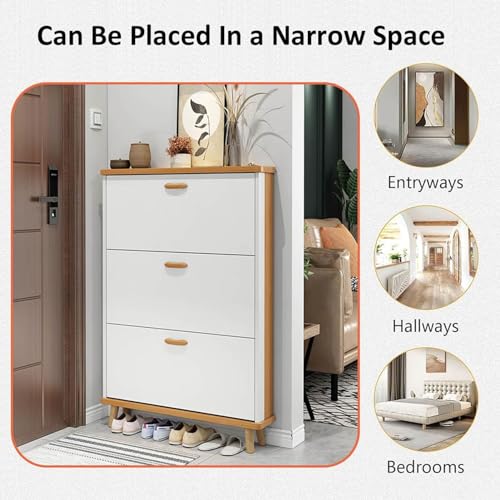 Slim Hidden Shoe Cabinet 3 Flip Drawers Wooden Tall Shoe Storage V823007