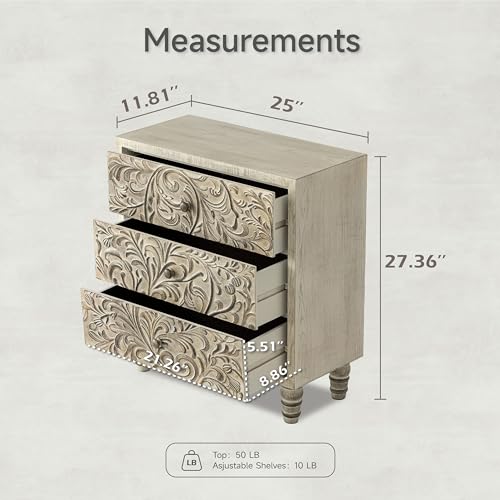 LONYKE 3 Drawer Farmhouse Dresser with Embossed Flower Motif, Weathered White P4937