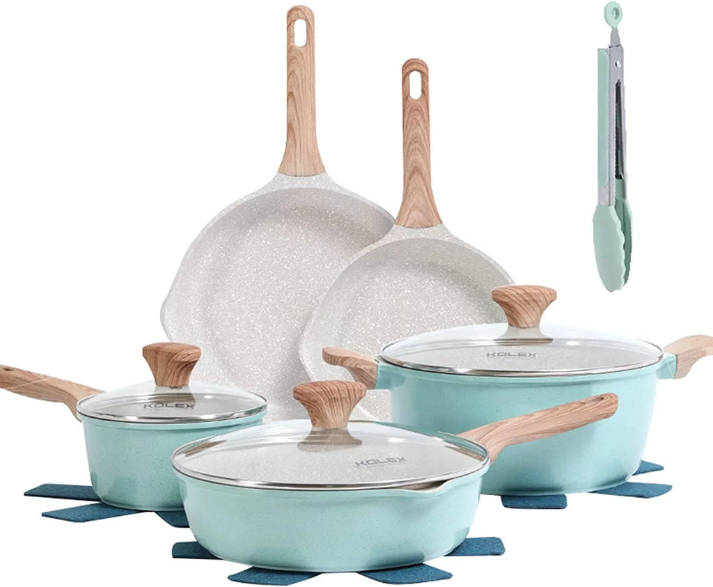 Excellent Nonstick Cookware Sets 12-Piece Kitchenware Pots and Pans Set Granite Coating Includes Frying Pans Deep Frying pans Stockpots And Cooking Tools Suitable For All Stove 100% PFOA
