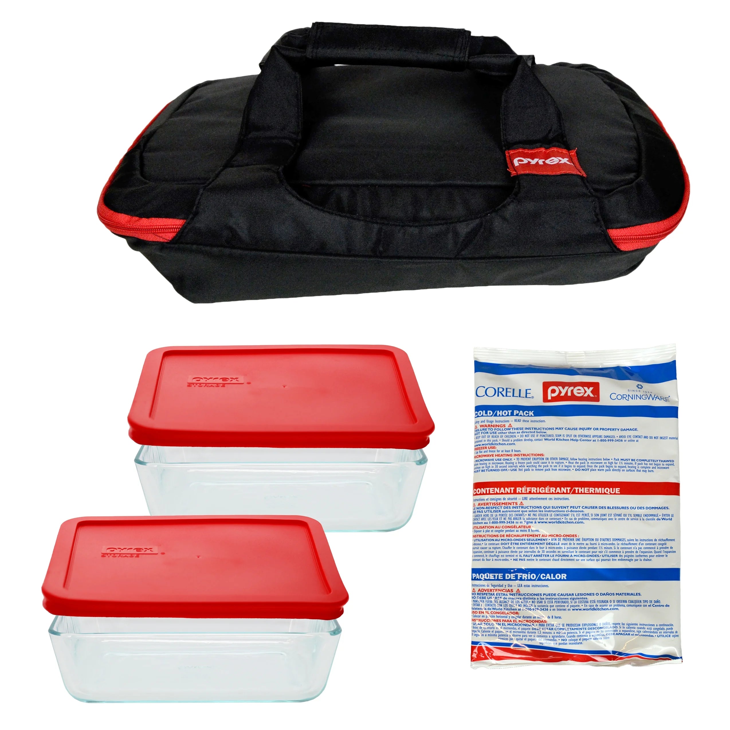 Pyrex Portables™ Tote Bundle with Glassware, Red Lids and Hot/Cold Packs