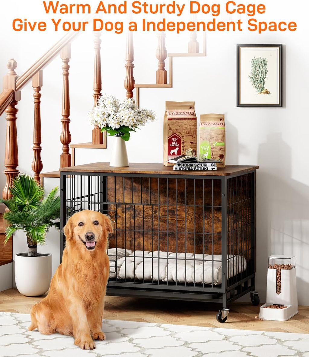 Dog Crate Furniture with Removable Tray and Wheels, Double-Door Wooden Kennel, Brown N6860