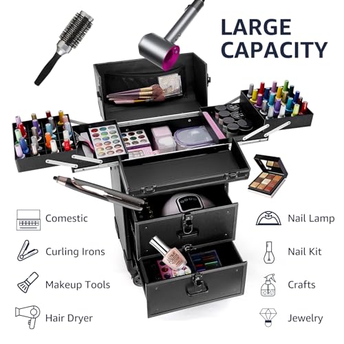 Yokilly Rolling Makeup Train Case, Aluminum Cosmetic Trolley with Swivel Wheels, Black B7317