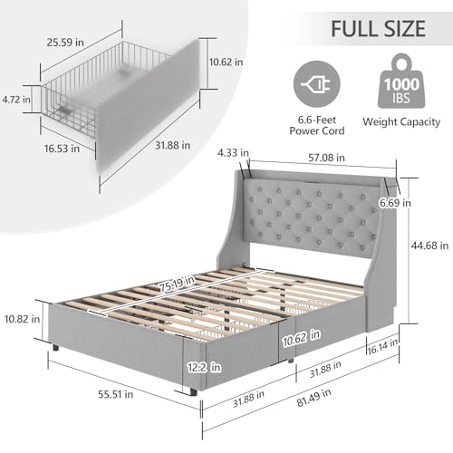 Queen Bed Frame with 4 Storage Drawers, USB Charging Station, Upholstered Wingback Headboard I776
