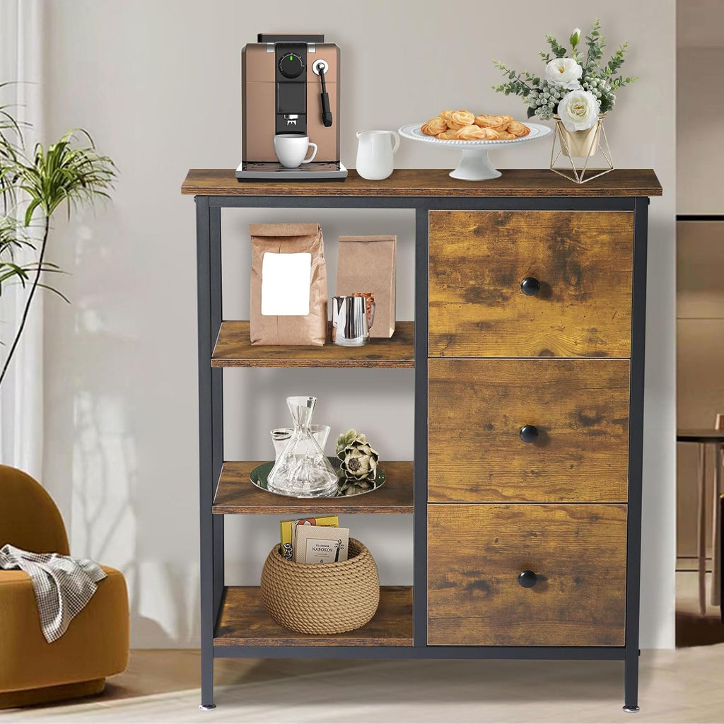 Farmhouse Coffee Station Cabinet with 3 Wooden Drawers & Shelves, Brown V16350
