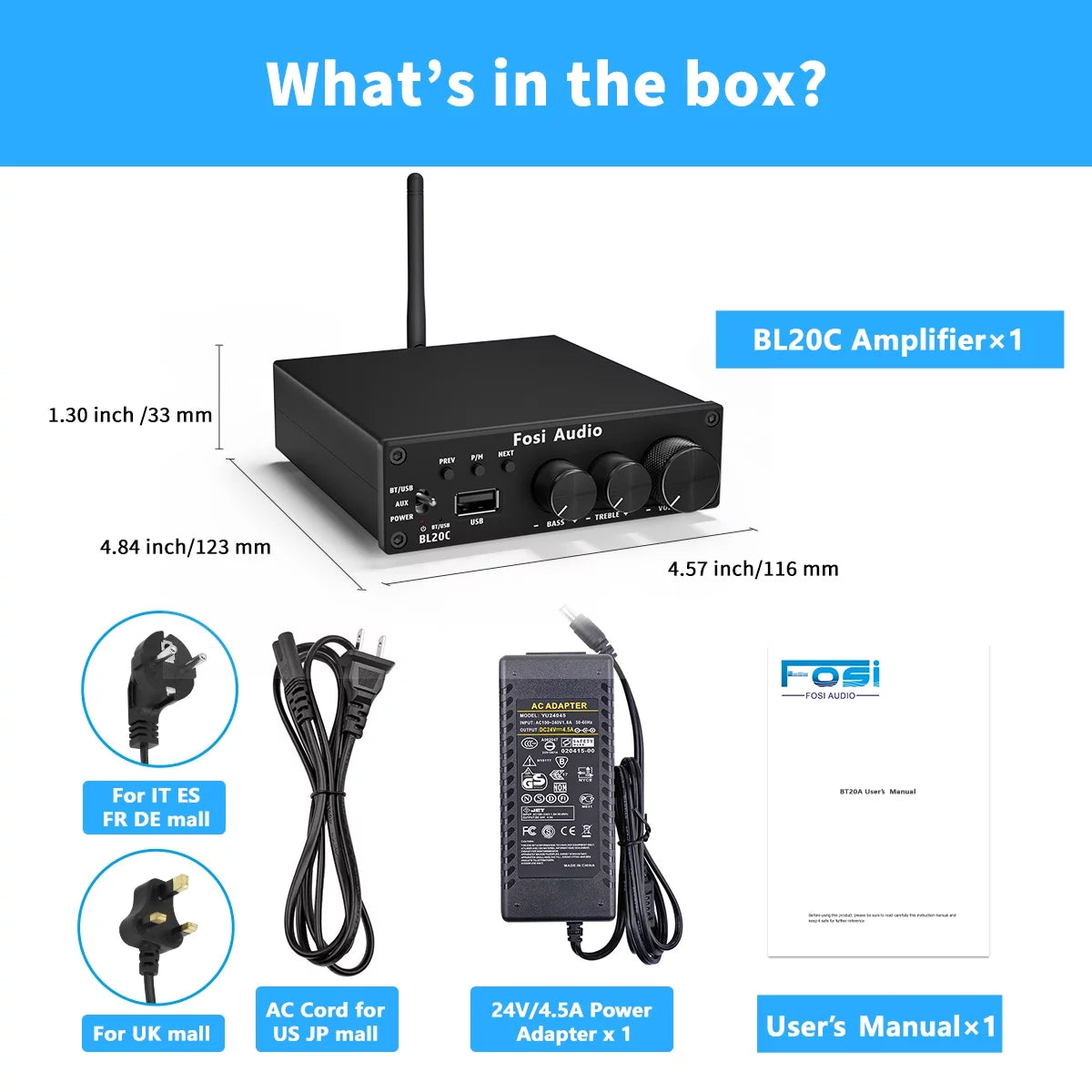 Fosi Audio BL20C 320W Bluetooth 5.0 Stereo Amplifier 2.1 CH Mini Hi-Fi Class D Integrated Amp S951021
