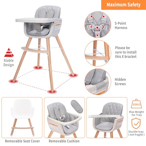 3-in-1 Convertible Wooden High Chair with Adjustable Legs, Gray E717648