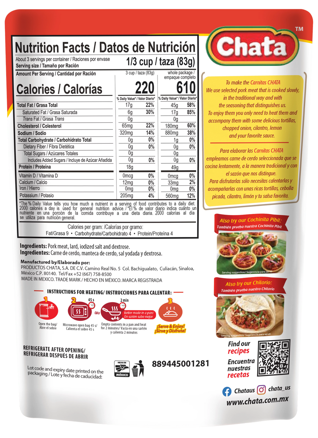 Chata Pork Carnitas Pouch, 8 oz, Pack of 6 J5183