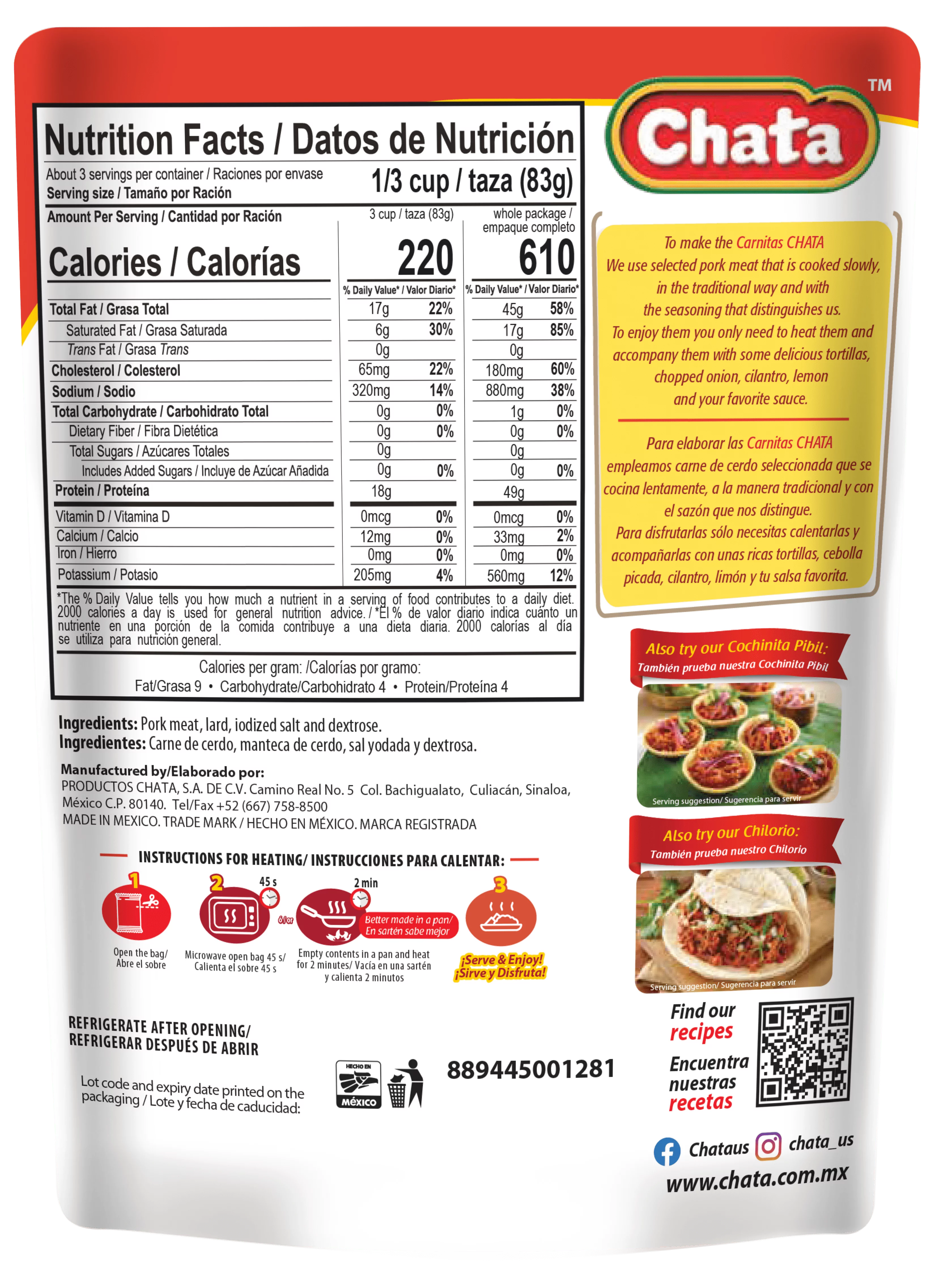 Chata Pork Carnitas Pouch, 8 oz, Pack of 6 J5183