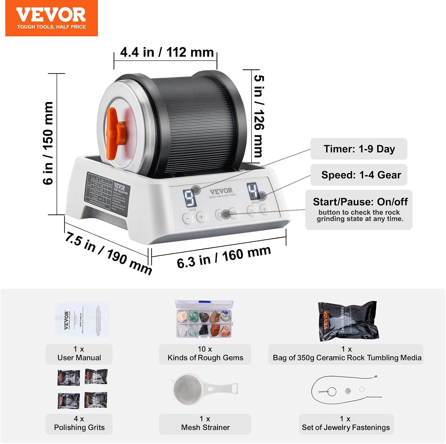 VEVOR Direct Drive Rock Tumbler Kit, 4-Speed, 9-Day Timer, Rock Polisher with Gemstones & Grits D2658