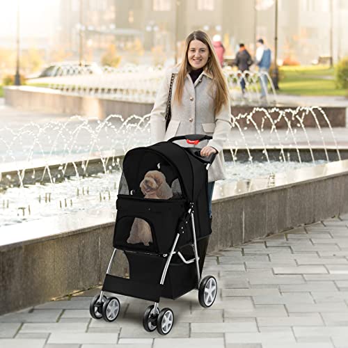 S AFSTAR 4 Wheels Pet Stroller Folding Cat Dog Carrier with Storage Basket, Black P905