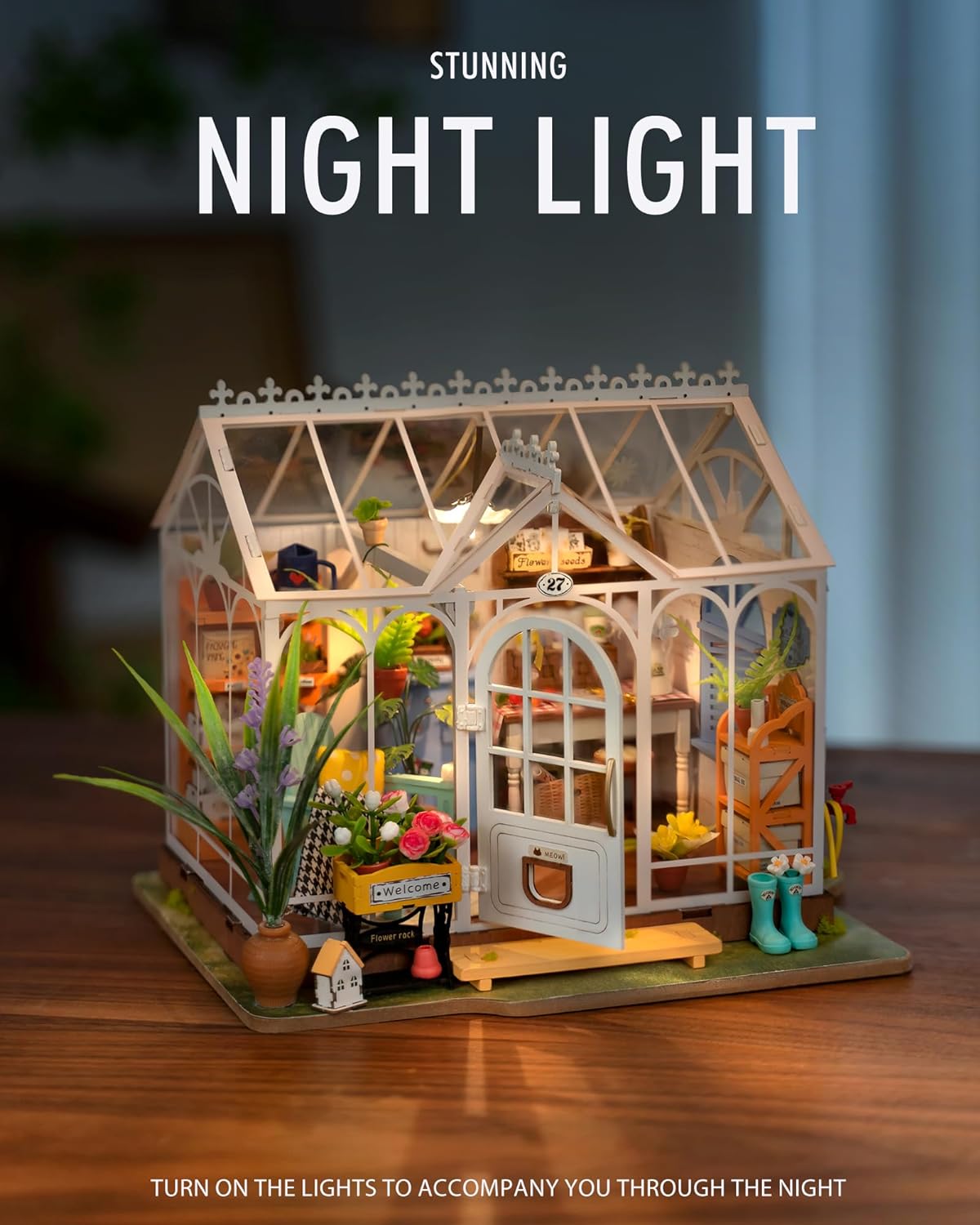Rolife DIY Miniature Dollhouse Kit, Greenhouse Diorama with LED, Dreamy Garden S136