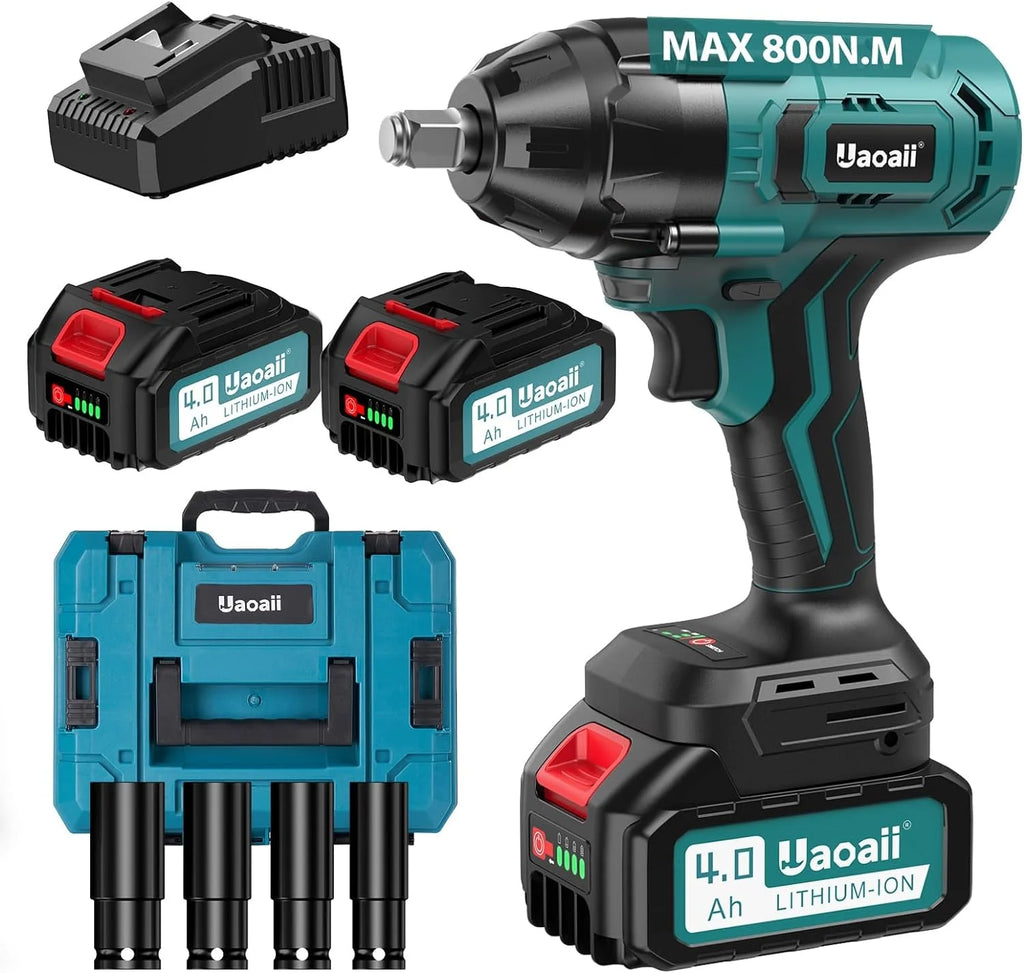 YGDU 1000Nm(738ft-lbs) Cordless Impact Wrench High Torque, 1/2 Battery Impact Gun w/ 2X 4.0Ah Batteries, Fast Charger, 5 Sockets & Storage Box, Electric Impact Wrench for Truck RV Mower, IW800