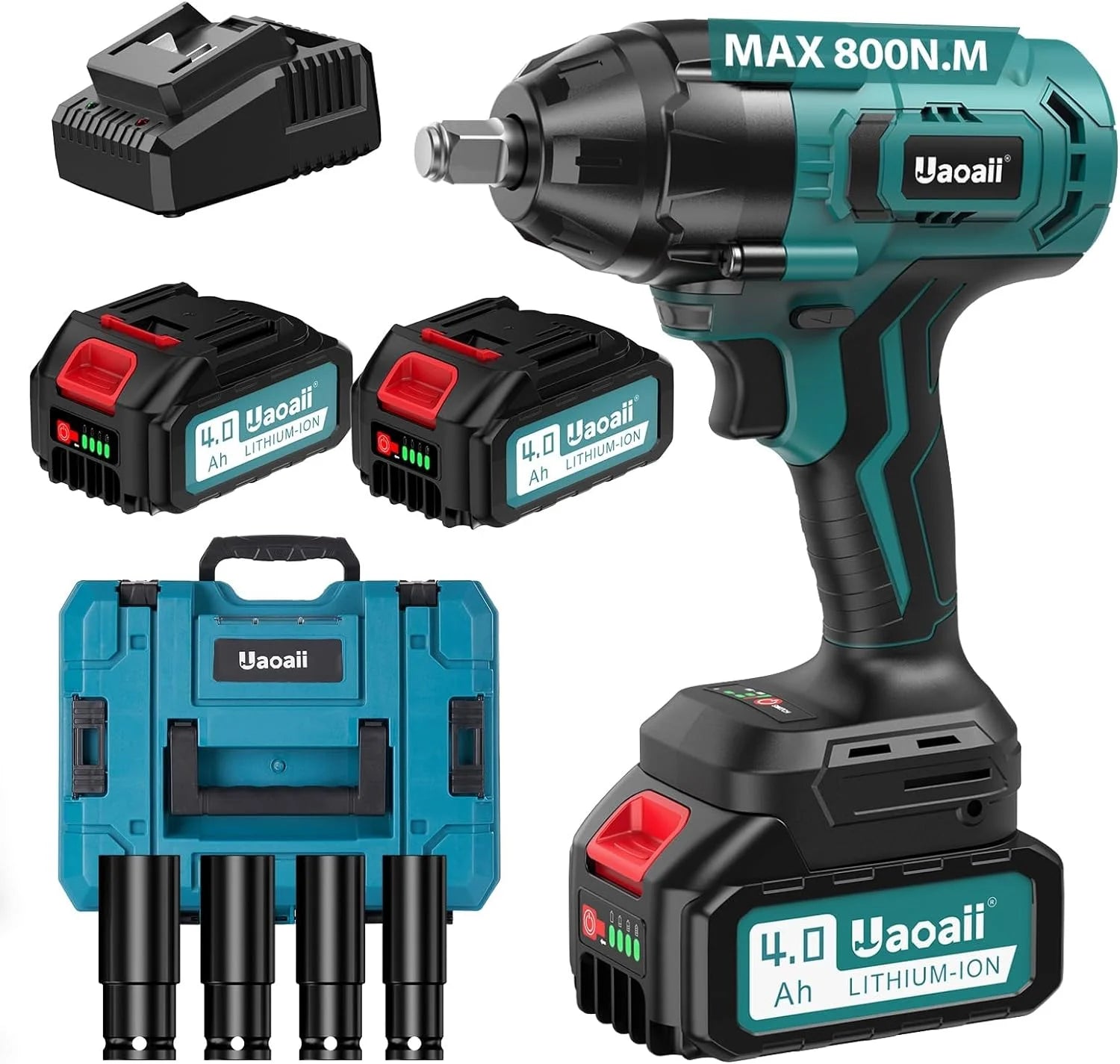 YGDU 1000Nm(738ft-lbs) Cordless Impact Wrench High Torque, 1/2 Battery Impact Gun w/ 2X 4.0Ah Batteries, Fast Charger, 5 Sockets & Storage Box, Electric Impact Wrench for Truck RV Mower, IW800