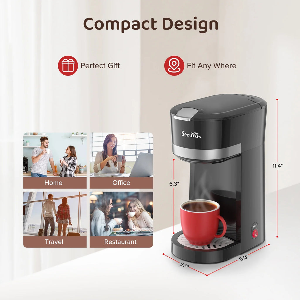 Secura Single Serve Coffee Maker for K Cup with Ground Coffee Basket, 12 Oz, Stainless Steel C9149