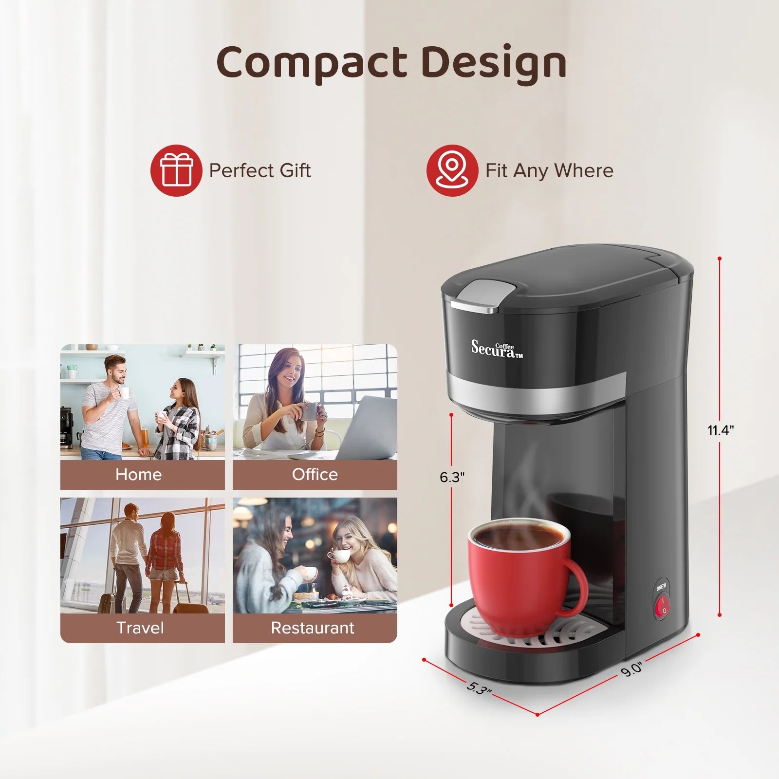 Secura Single Serve Coffee Maker for K Cup with Ground Coffee Basket, 12 Oz, Stainless Steel C9149