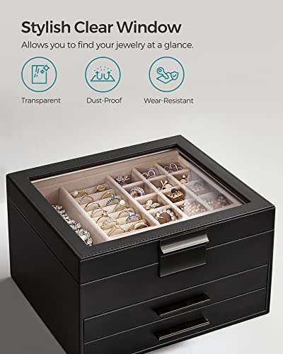 SONGMICS Jewelry Box with Glass Lid, 4-Layer Organizer, Dove Gray and Gold R6030