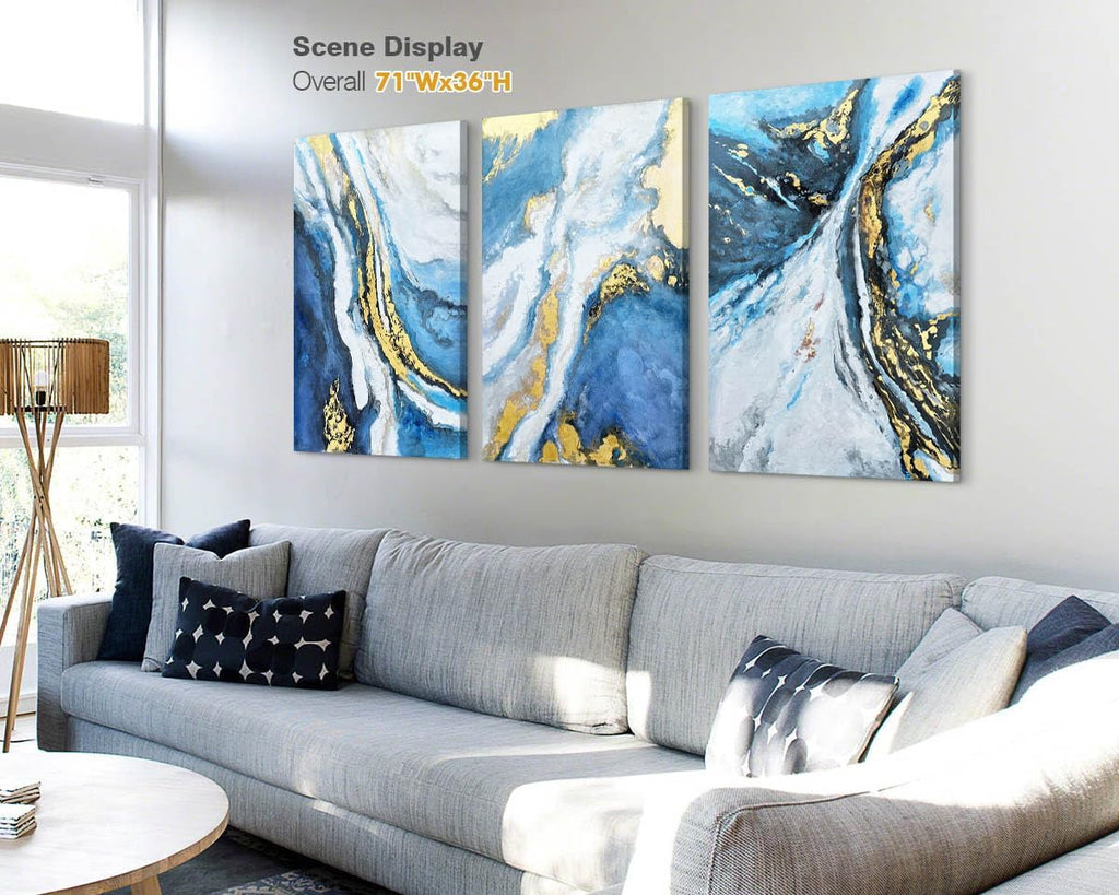 Gold Wall Art Abstract Blue Paintings Large Framed Canvas for Living Room Bedroom X86405