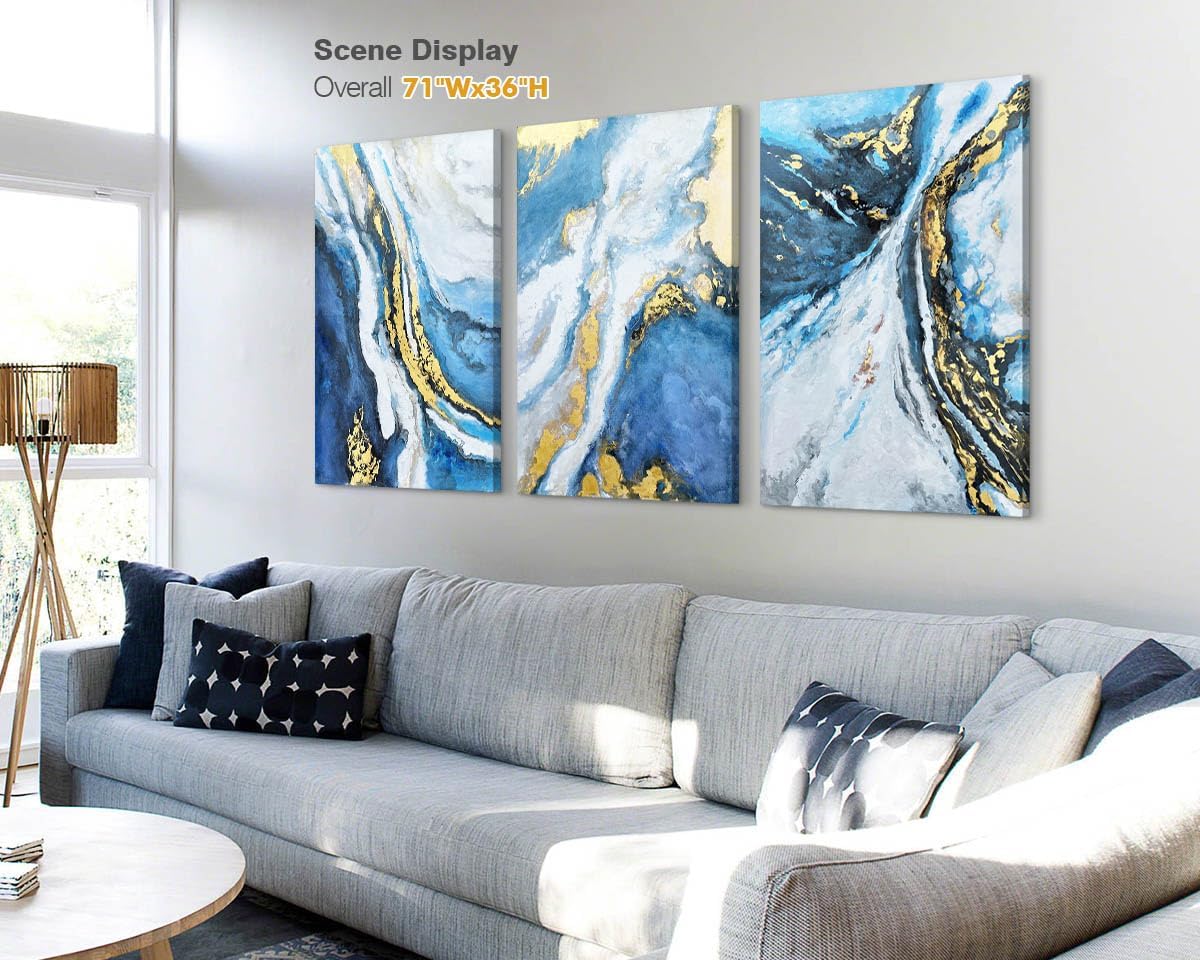 Gold Wall Art Abstract Blue Paintings Large Framed Canvas for Living Room Bedroom X86405