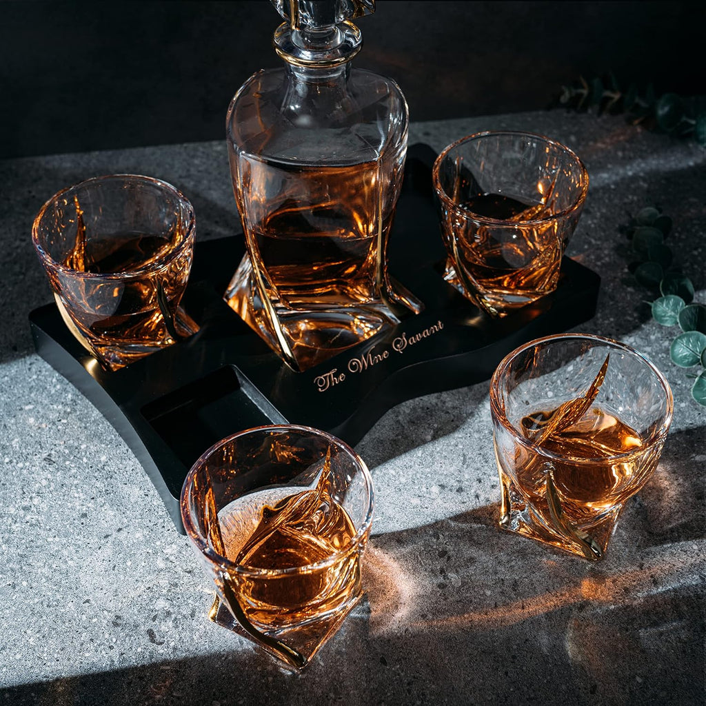 Gold Wine & Whiskey Spiral Decanter 855ml with 4 Glasses & Wood Tray by The Wine Savant U8658