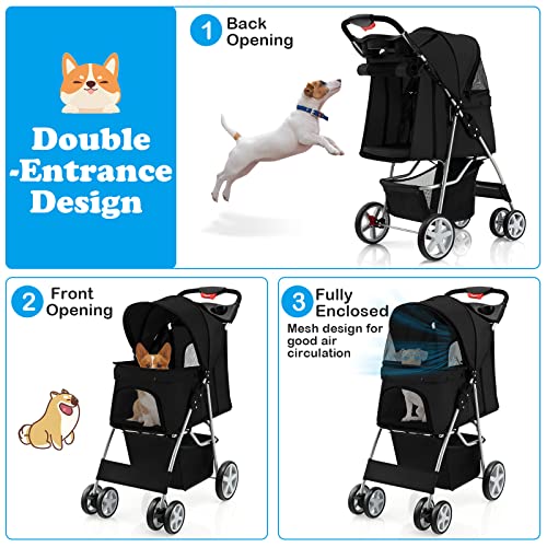 S AFSTAR 4 Wheels Pet Stroller Folding Cat Dog Carrier with Storage Basket, Black P905