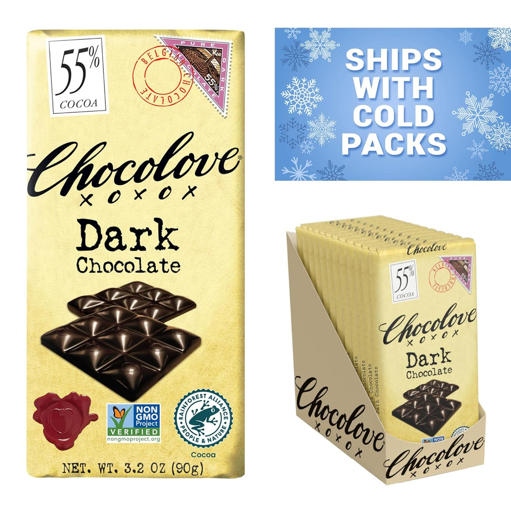 Chocolove Dark Chocolate Bars | 55% Cocoa | Crafted with Smooth Semi-sweet Belgian Chocolate | Non GMO, Rainforest Alliance Certified, 3.2oz Bar (12 Pack)