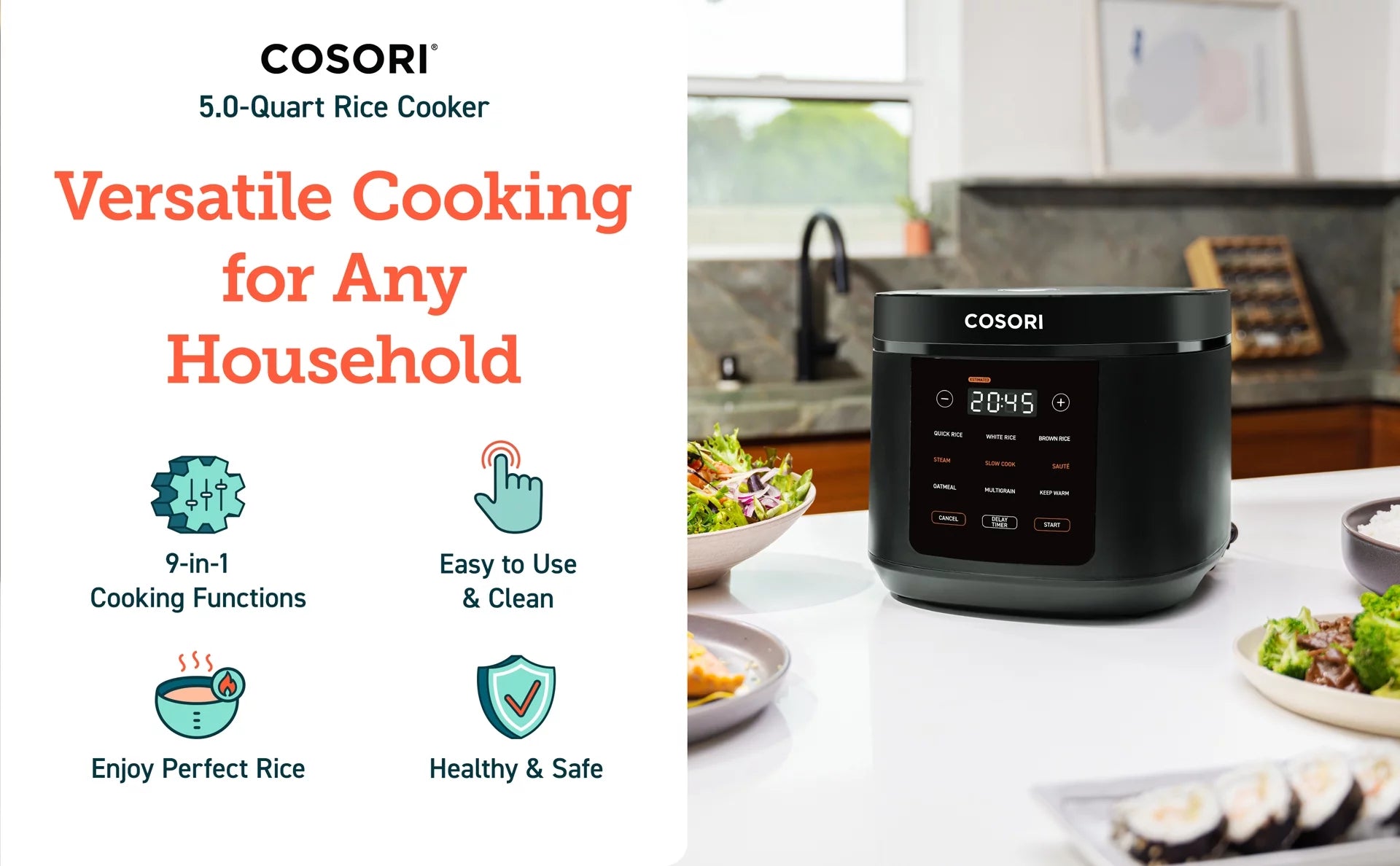 COSORI 5.0-Quart Rice Cooker with 9 Cooking Functions, Touch Control C103