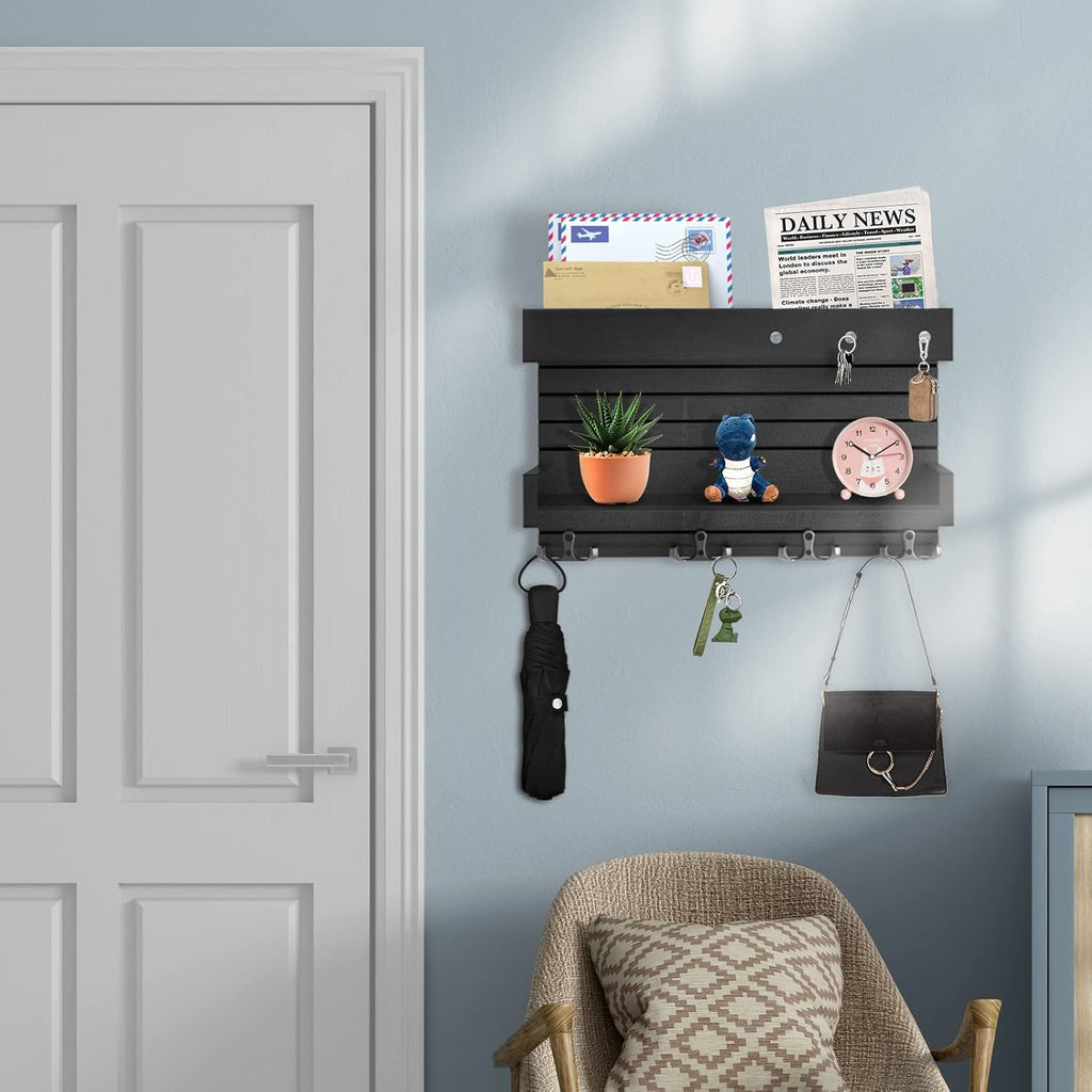 Wall Mounted Wooden Key Holder with 4 Hooks and Mail Organizer O254010
