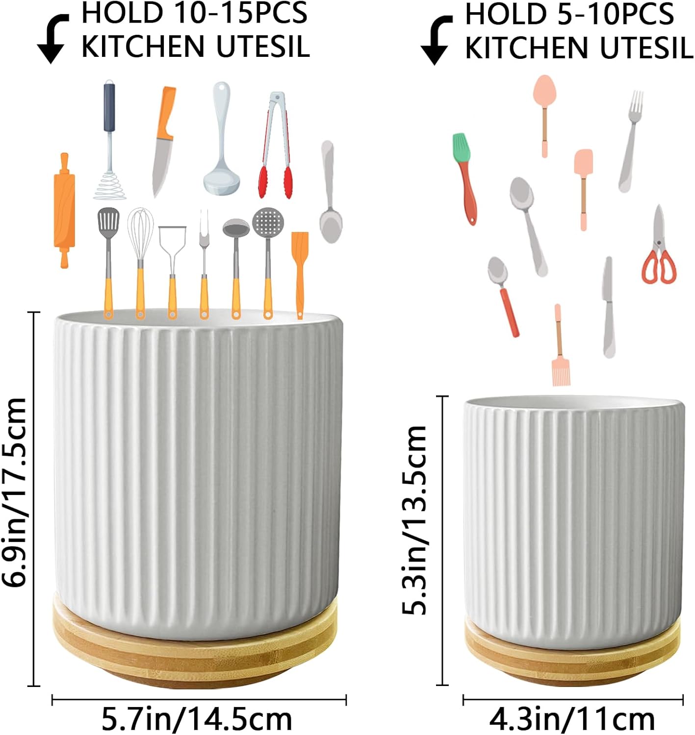 Utensil Holder, 360° Rotating Ceramic Kitchen Organizer, White, Set of 2 V996