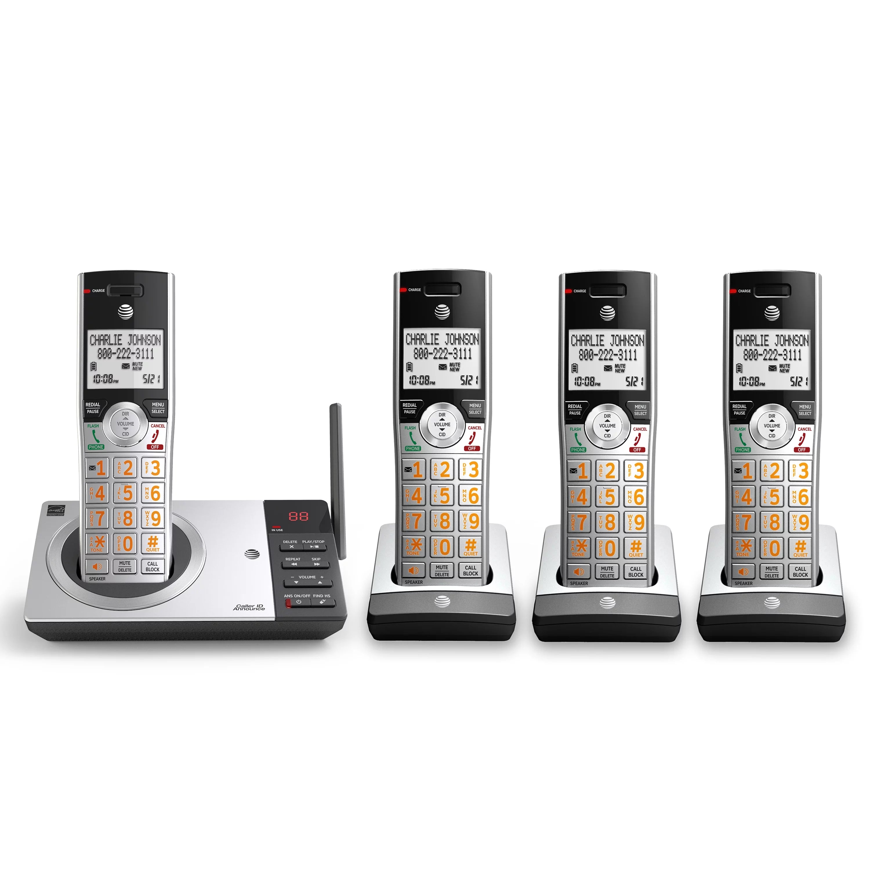 AT&T CL82407 DECT 6.0 Expandable Answering System with Smart Call Blocker, Silver/Black with 4 Handsets
