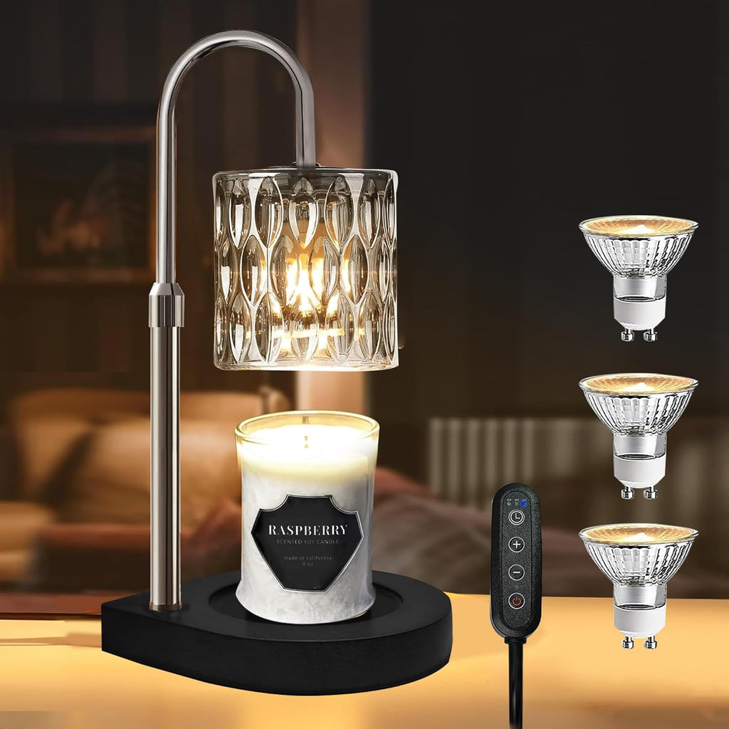 Candle Warmer Lamp with 3 Bulbs, Adjustable Height Dimmable Candle Warmer with 2H/4H/8H Timer, Wax Melts Warmer for Candle Jars, Ideal Home Decor Gifts for Women, Mother's Day (Black)