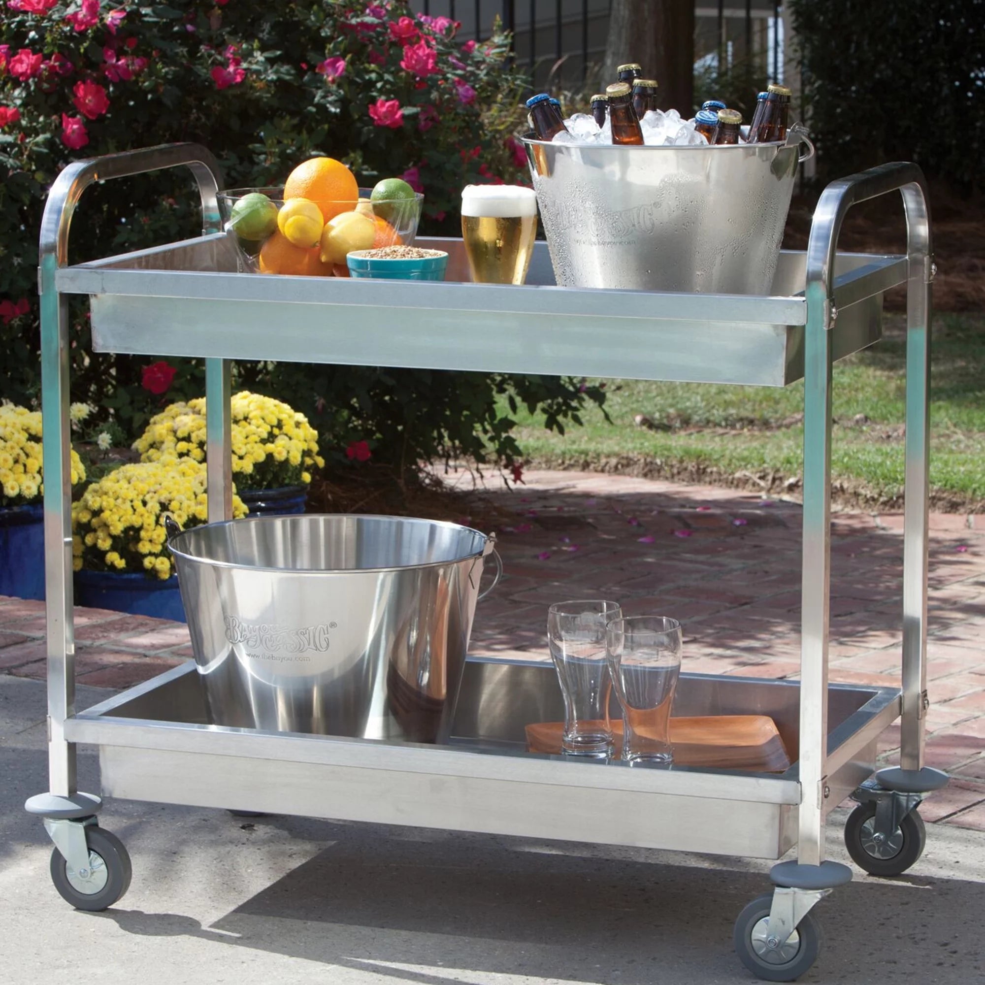 Bayou Classic 4873 Stainless Serving Cart with Two Trays and Locking Casters Z66046