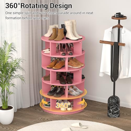 Aheaplus Rotating Shoe Rack, 5-Tier Wood Shoe Organizer, 360° Spinning, Pink O13204