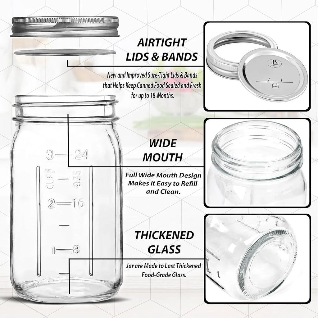 Wide Mouth Mason Jars 32 oz (6 Pack) Clear Glass with Airtight Lids X947